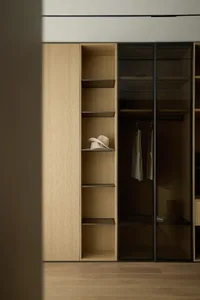 Modern, minimalist wardrobe with wooden shelves and glass doors.