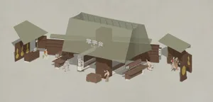 A traditional Japanese restaurant represented in a wooden, paper, and bamboo floor plan.