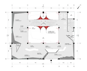 A detailed 2D technical drawing of an industrial building's floor plan, featuring metallic structures and functional zones.