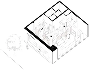 2D architectural drawing of a modern interior space showing various rooms and areas.