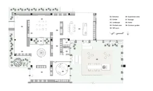 Modern office space with a central meeting area, product display areas, and outdoor garden.