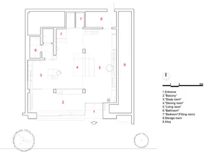 Floor plan of a modern residential interior with labeled rooms and an alley.