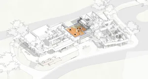 Architecture design plan of an indoor sports court with wooden flooring.