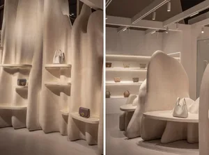A minimalist retail store featuring concrete elements and bags on display.