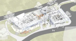 A modern architectural design featuring a commercial space constructed with glass and steel materials.