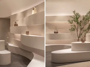 Modern retail storefront with concrete walls and minimalist design.