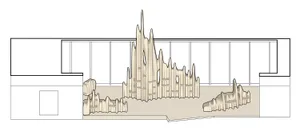 Sectional drawing of a modern metallic architectural design with a prominent metallic structure.