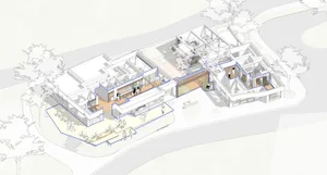 2D architectural drawing of a modern office space with marble flooring, glass walls, and concrete elements.