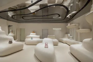 Modern retail space with minimalist white plaster walls and curved furniture.