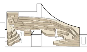 A modern wooden interior design featuring layered wood panels and curved steps.