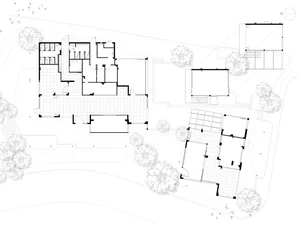 Simplified architectural drawing of a modern house layout with rooms labeled.