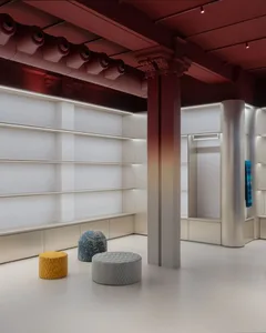 A modern interior design featuring colorful poufs in fabric textiles.