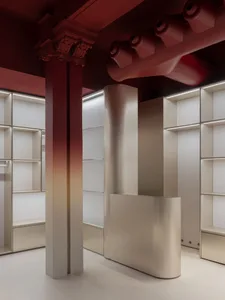 Modern retail shop interior with metallic columns and shelves