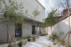 A modern residential exterior featuring concrete walls and greenery.