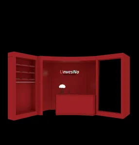 A modern retail display with metallic shelving and a red illuminated backdrop.