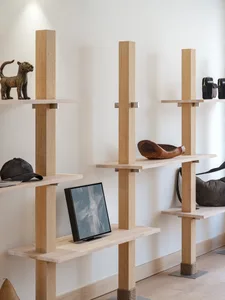 A minimalist shelf display featuring wooden shelves, a metal panther statue, a black baseball cap, a wooden bowl, a framed pi