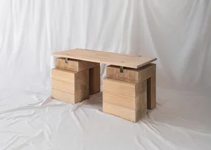 A modern wooden desk with a minimalist design and natural wood finish.