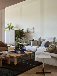 A modern living room with a gray fabric sofa, wooden coffee table, and glass vases with green plants.