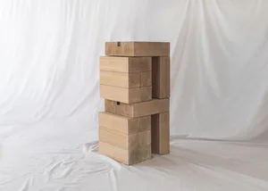 A modern wooden stool with a marble top.