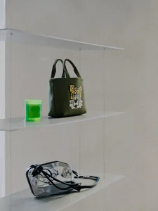 A glass shelf displaying a green tote bag with a tiger face design and a green glass object.