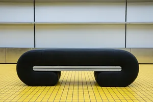 A sleek, modern black leather sofa with a distinctive curved design.