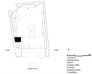 Plan of a modern retail store with concrete and glass interior elements, featuring a display shelf, display table, and cashie