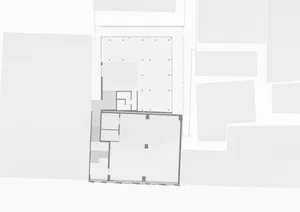 A detailed architectural floor plan of a modern office layout with various sections and spaces.