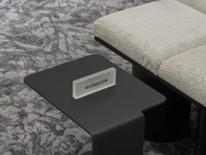 Modern interior design featuring a sleek black metal side table with a frosted glass label displaying 'Wandian'.