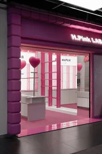Modern retail storefront with pink furniture and decorations.