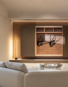 A modern living room features wooden paneling and a guitar display. The interior design showcases contemporary design element