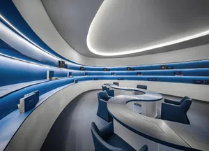 Modern lobby featuring clean, curved design in blue acrylic with sleek, minimalist furniture.