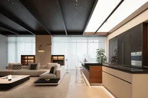 Modern residential kitchen with minimalist design, featuring a white countertop, dark cabinets, and large windows.