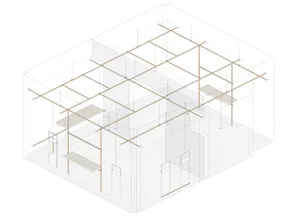 Isometric view of a wooden-beam and concrete-floored building structure