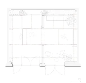 Black and white line drawing of a minimalist building plan