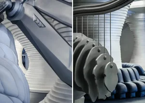 A futuristic interior with metallic elements and a modern design aesthetic.