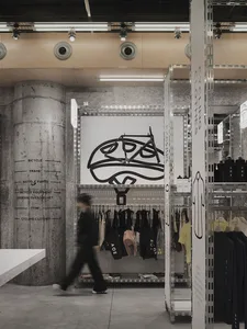 A retail store with industrial design features concrete elements.