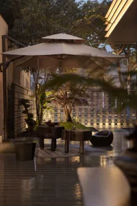An outdoor space featuring natural elements and concrete furniture.