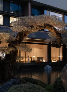 A modern residential interior with wooden elements and a serene atmosphere.