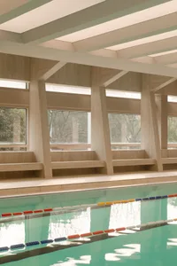 A modern indoor swimming pool with wooden beams and a view of the outdoors through large windows.