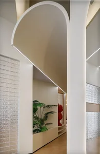 A modern hallway with white concrete walls, textured brick columns, and a lush green plant.