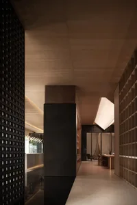 Modern minimalist office space with wooden walls and panels