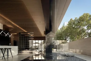 Modern residential interior featuring glass walls, marble countertops, and wooden accents.