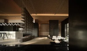 Modern interior design featuring a living room with wooden paneling and furniture.