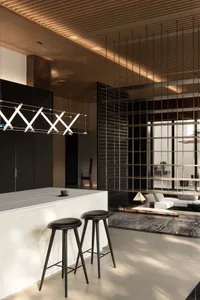 Modern living room with wooden accents, marble fireplace, and contemporary furniture.