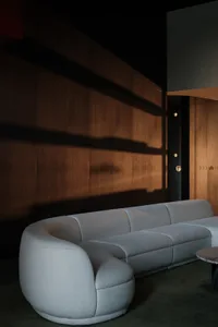 Modern living room featuring a white fabric couch, wooden walls, and ambient lighting.