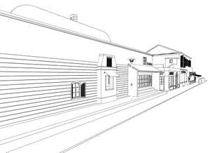Linear sketch of a street view featuring architectural lines and shapes.