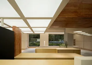 Modern minimalist storefront featuring concrete and glass materials.