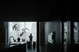 Minimalist modern kitchen with glass and stainless steel