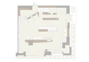 A modern living room with neutral-toned decor, featuring a Linear fireplace, a large glass wall, and a small balcony.