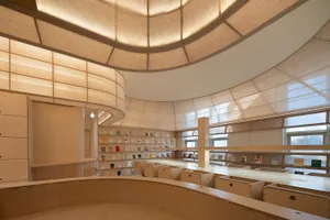 A modern library interior with wooden shelves and a curved ceiling.